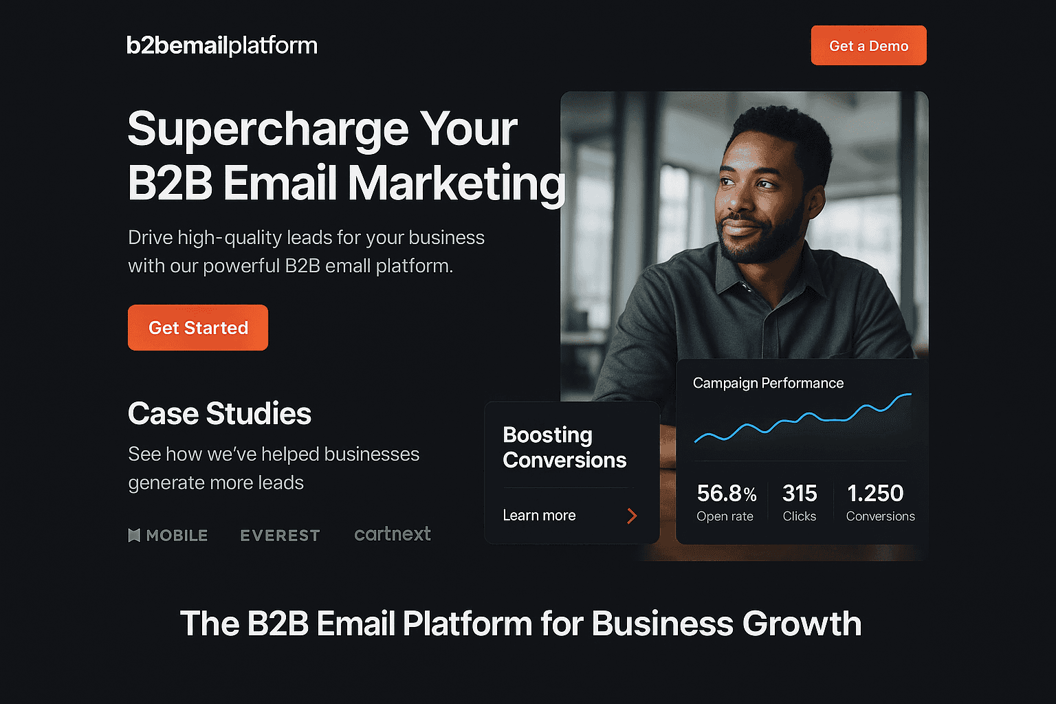 b2bemailplatform.com website mockup